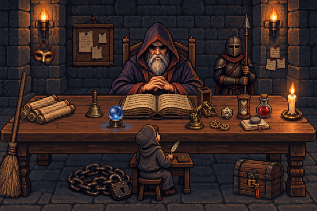 pixel art：地城領主坐在長桌後，桌上有紙卷、小銅鈴、水晶球、攤開的書、骰塔、二十面骰、黃銅機械手臂和齒輪、沙漏、藥水、一疊被圓石壓平的紙、蠟燭，桌子左邊靠著掃帚，右後方站著拿長矛的守衛，牆上有記事板，右邊柱子貼著三張紅蠟便條紙，地上有鐵鏈和上鎖的寶箱，桌前坐著學徒，學徒的小書桌上有一本扣著銅鎖的薄冊子，左邊柱子的火把下方多了一副用紅緞帶掛著的金色面具