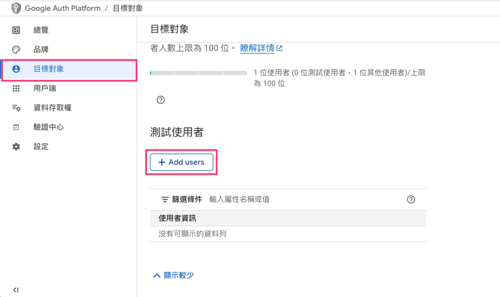 步驟四:測試中的外部應用程式,到目標對象加入測試帳號