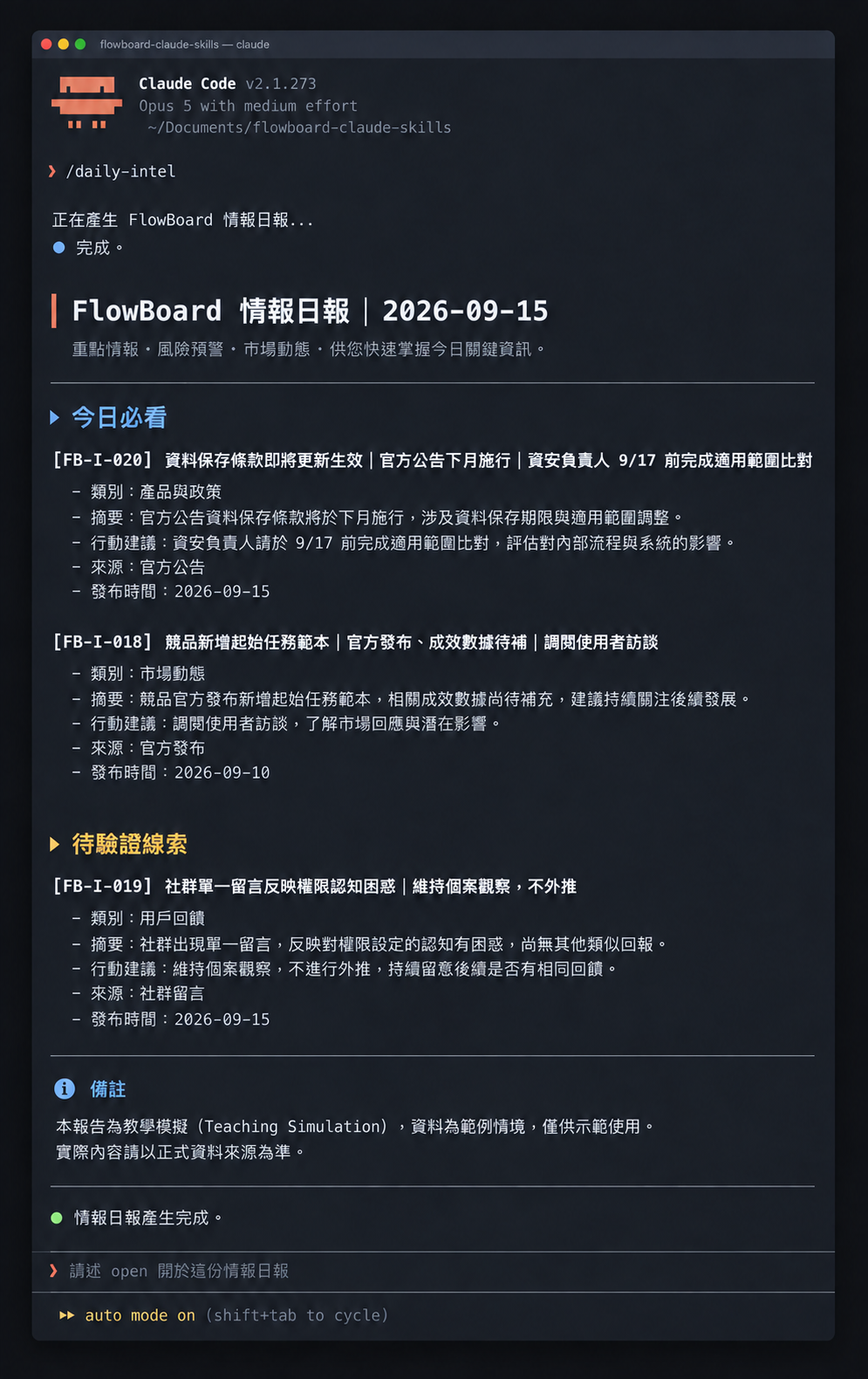 FlowBoard 情報日報草稿示意：區分今日必看、待驗證與排除項目，並保留人工審閱狀態