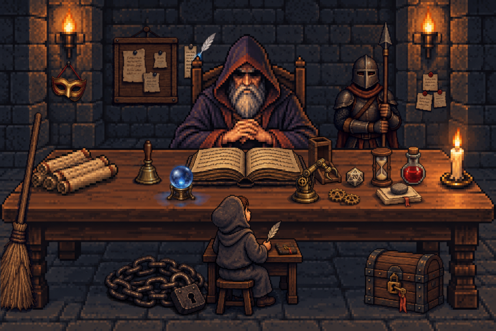 pixel art：地城領主坐在長桌後，桌上有紙卷、小銅鈴、水晶球、攤開的書、骰塔、二十面骰、黃銅機械手臂和齒輪、沙漏、藥水、一疊被圓石壓平的紙、蠟燭，桌子左邊靠著掃帚，右後方站著拿長矛的守衛，牆上有記事板，左邊柱子掛著金色面具，右邊柱子貼著三張紅蠟便條紙，地上有鐵鏈和上鎖的寶箱，桌前坐著學徒，學徒的小書桌上有一本扣著銅鎖的薄冊子，記事板和領主的椅子之間多了一張釘在牆上的長紙條，一支白色羽毛筆浮在旁邊，筆尖帶著淡藍色的光，自己在寫字