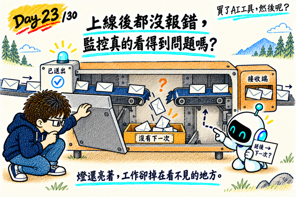 以輸送帶剖面比喻監控盲點：已送出指示燈亮著，通知卻落入缺口；工程師與機器人追查延後之後是否還有下一次