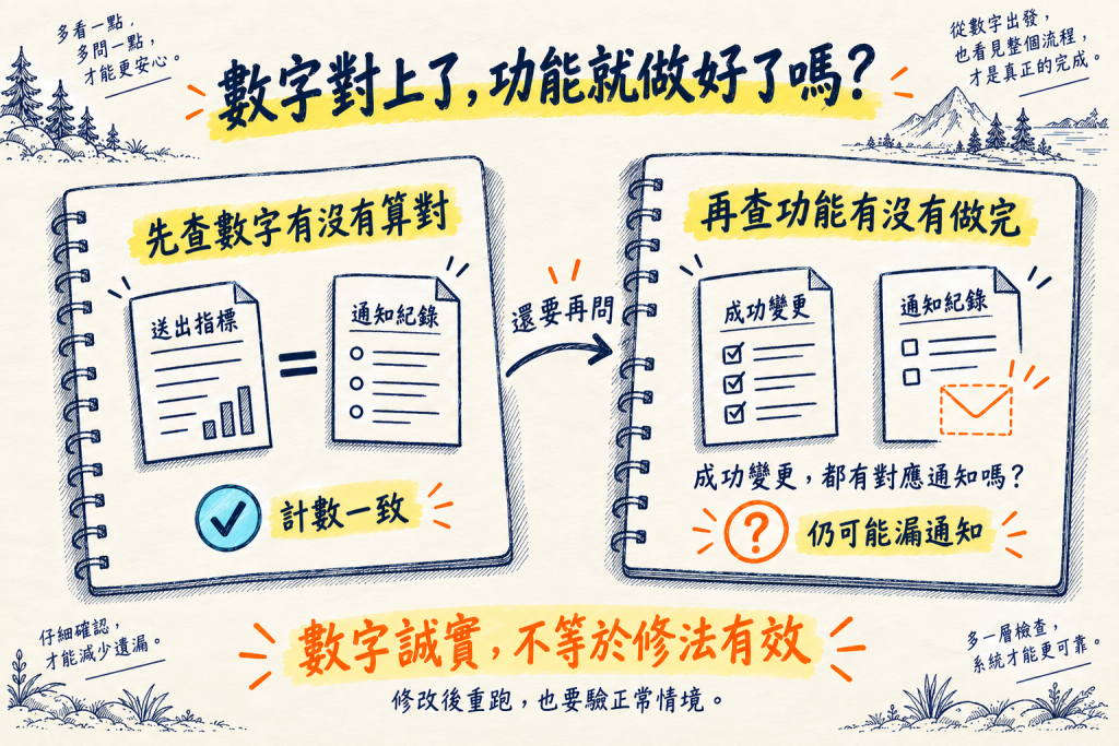 計數一致與功能完成是不同檢查：核對送出指標之後，仍要確認每次成功取消都有對應通知