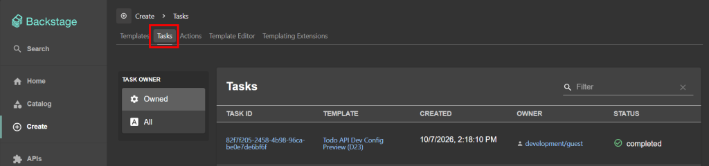 Backstage Tasks 列出 Todo API Dev Config Preview D23 任務,狀態為 completed