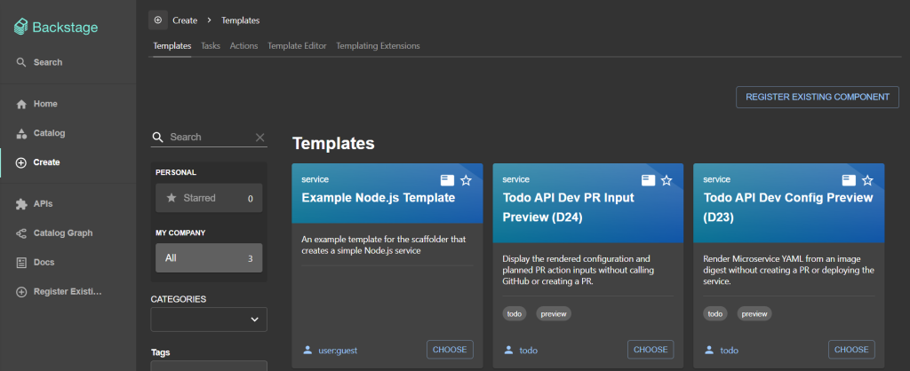 Backstage Create 頁面右側的 Todo API Dev Config Preview D23 模板卡片
