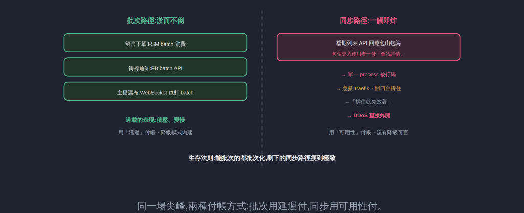 同一場尖峰,兩種付帳方式:批次用延遲付,同步用可用性付。
