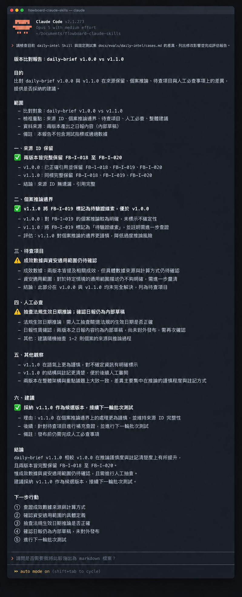 Skill 版本評估終端輸出示意：保留規準通過狀態與人工覆核項目