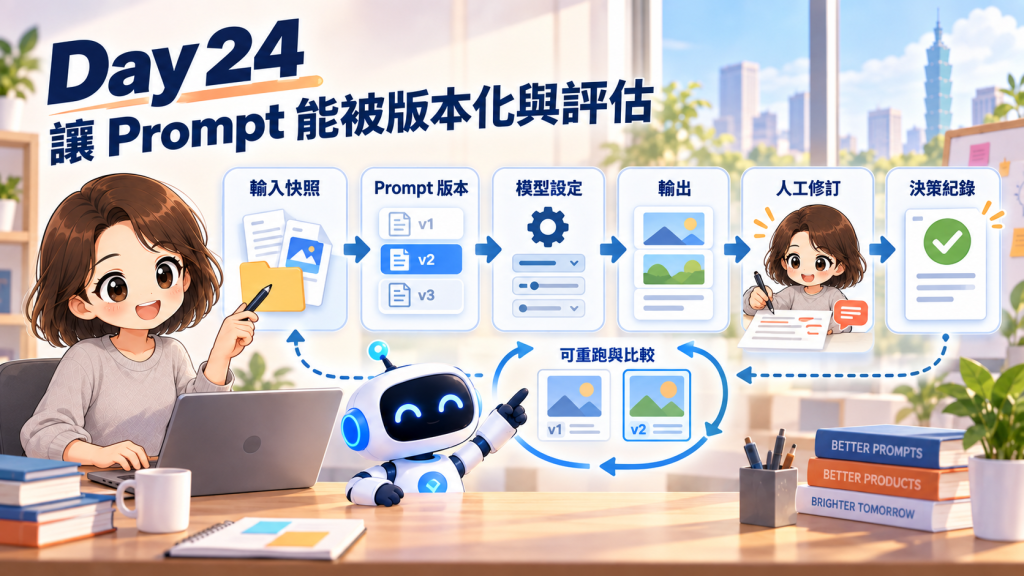 Prompt 版本化流程：輸入、版本、設定、輸出、人工修訂與決策紀錄