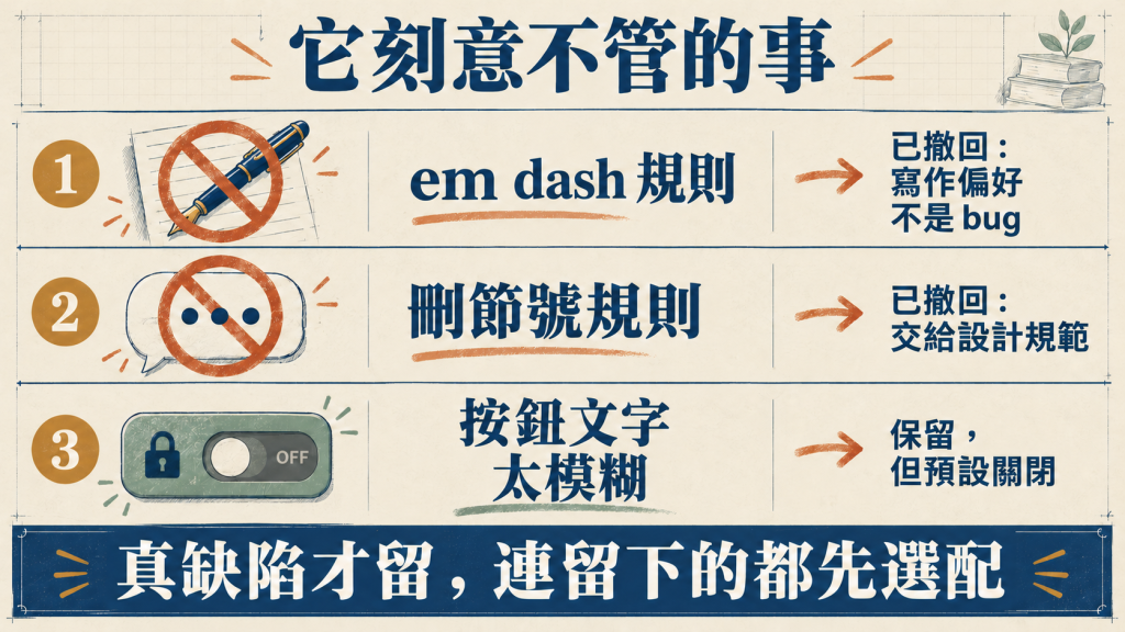 它刻意不管的事：em dash 規則和刪節號規則已撤回，按鈕文字太模糊保留但預設關閉