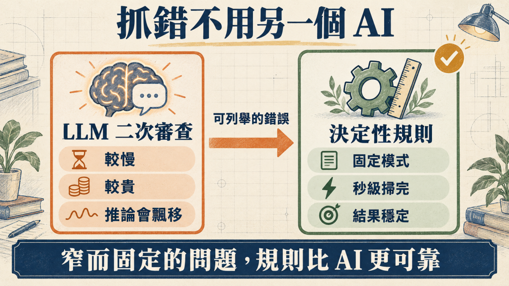 抓錯不用另一個 AI：LLM 二次審查較慢較貴推論會飄移，決定性規則固定模式秒級掃完結果穩定