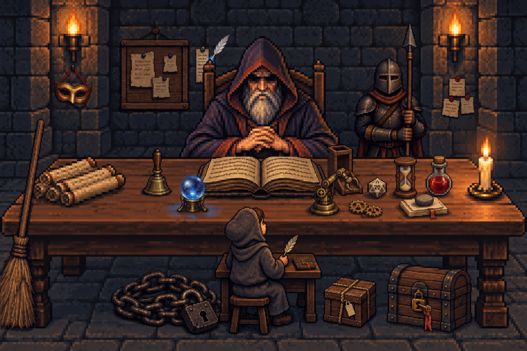 pixel art:地城領主坐在長桌後,桌上有紙卷、小銅鈴、水晶球、攤開的書、骰塔、二十面骰、黃銅機械手臂和齒輪、沙漏、藥水、一疊被圓石壓平的紙、蠟燭,桌子左邊靠著掃帚,右後方站著拿長矛的守衛,牆上有記事板和自己寫字的羽毛筆,左邊柱子掛著金色面具,右邊柱子貼著三張紅蠟便條紙,地上有鐵鏈和上鎖的寶箱,桌前坐著學徒,學徒的小書桌上有一本扣著銅鎖的薄冊子,學徒和寶箱之間多了一個釘好蓋子、綁著麻繩、掛著空白托運標籤的木箱