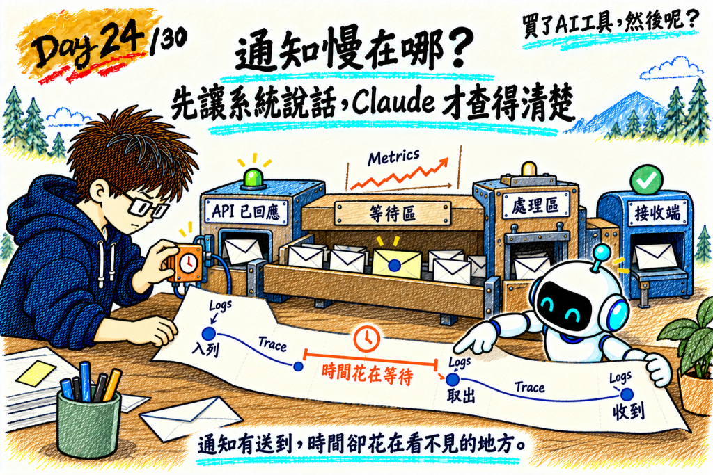 從 request 到 response 之後,通知還要經過排隊、處理、呼叫接收端;每一段等多久,系統不記下來,Claude 就看不到