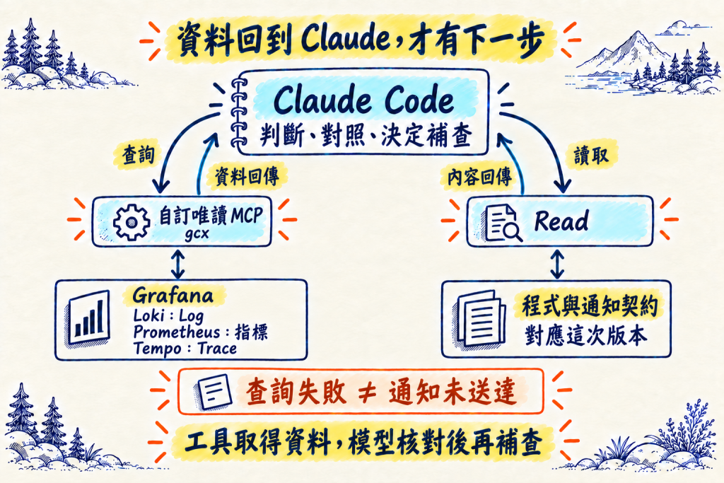 Claude 透過自訂唯讀 MCP 呼叫 gcx 查三種訊號,讀取程式後再補查