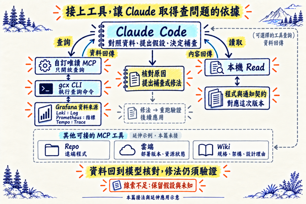 Claude 透過工具核對運行資料、程式與系統背景;本篇使用 MCP、gcx 與 Read,下方虛線呈現 Repo、雲端及 Wiki 的延伸入口