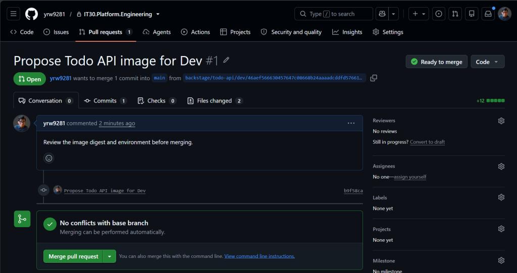 GitHub 上已建立 Todo API Dev 設定 PR,從帶有 digest 的提案分支向 main 提出兩份檔案變更,狀態為 Open