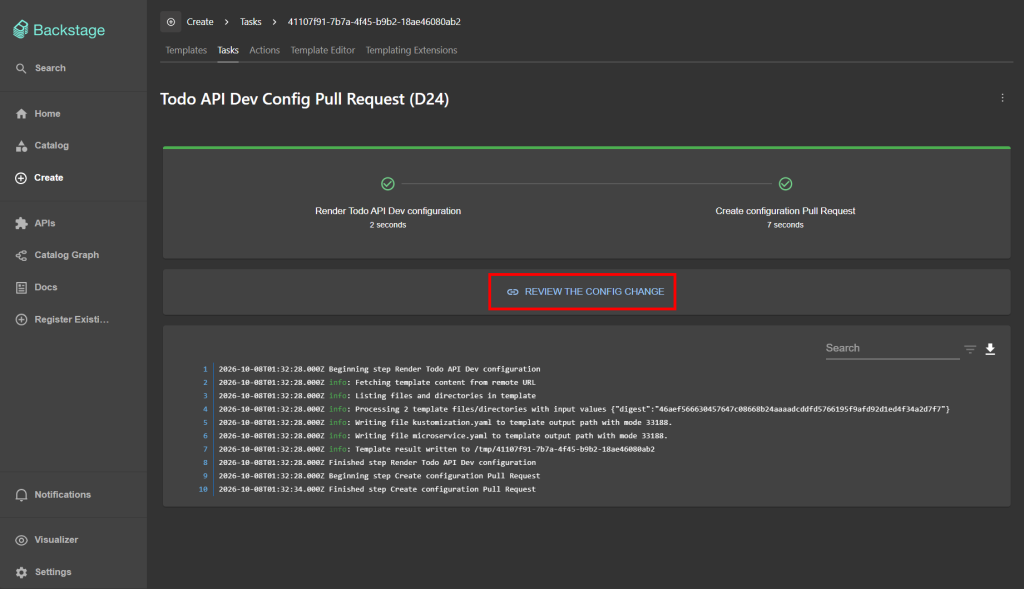 Backstage 的渲染與建立 PR 步驟皆已完成,任務結果提供 Review the config change 連結