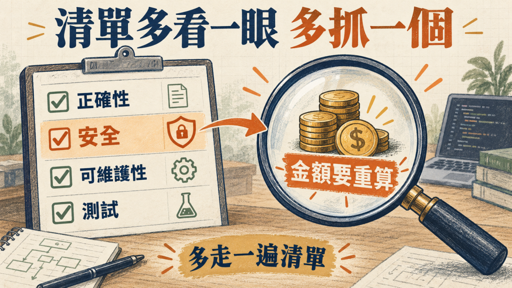 清單多看一眼多抓一個：安全檢查項目多走一遍，抓到金額要重算的問題