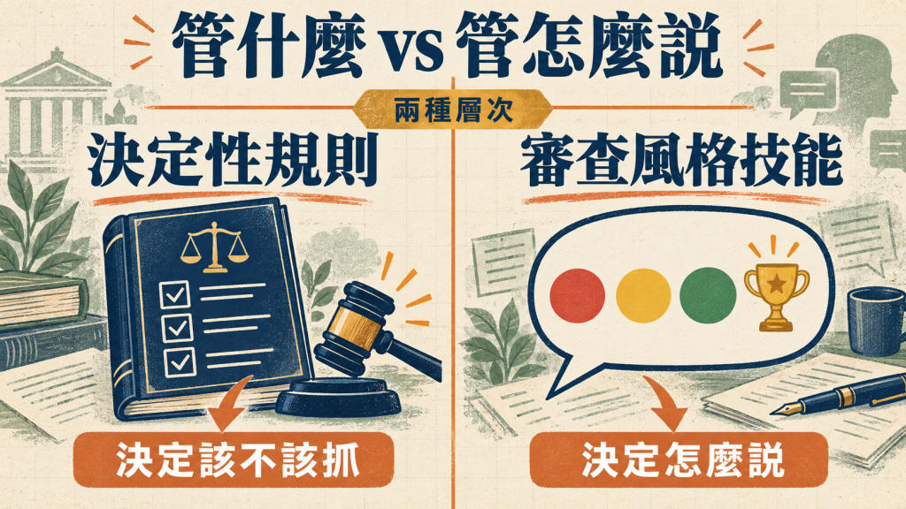 管什麼 vs 管怎麼說：決定性規則決定該不該抓，審查風格技能決定怎麼說
