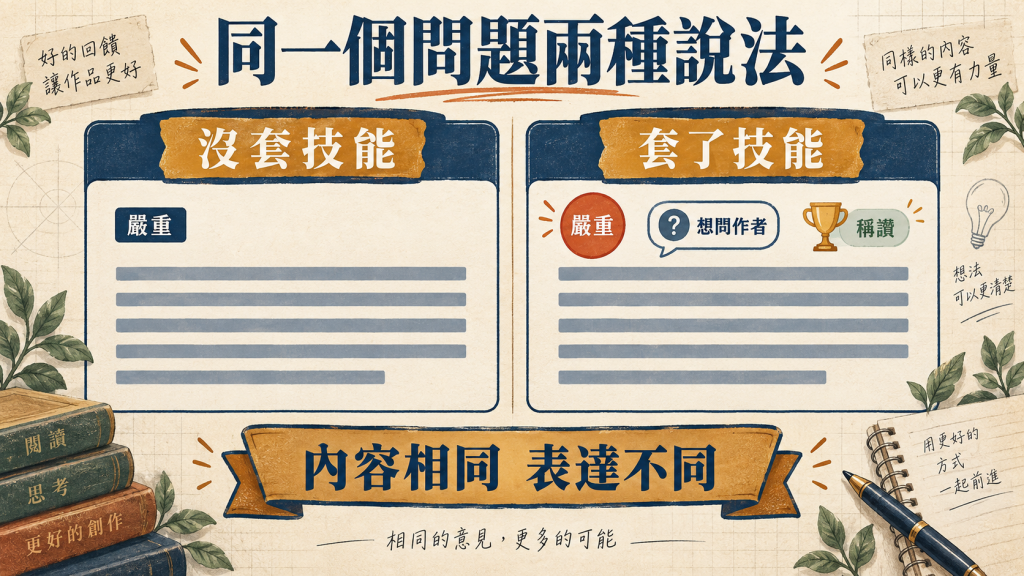 同一個問題兩種說法：沒套技能只標嚴重度，套了技能多了想問作者的提問與稱讚