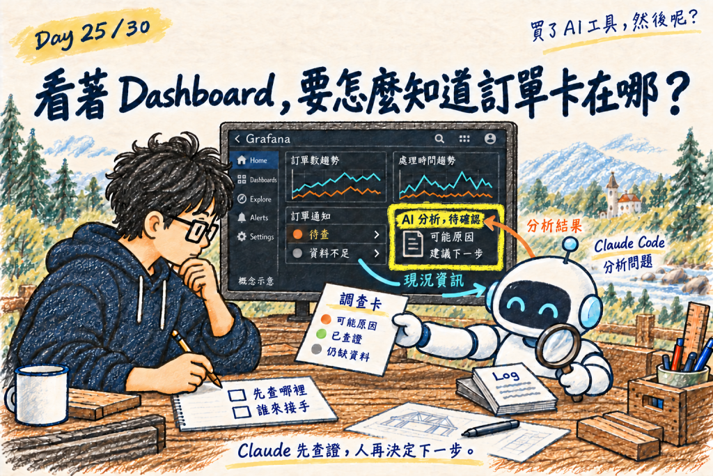 現況資訊交給 Claude Code 分析，結果回到 Grafana，協助值班人員決定下一步；概念示意