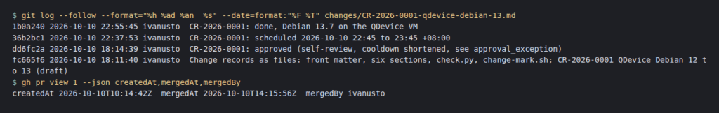 CR-2026-0001 的 git log 與 PR 的開啟、合併時間