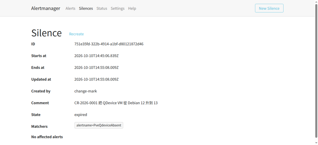 CR-2026-0001 的 silence，expired，No affected alerts