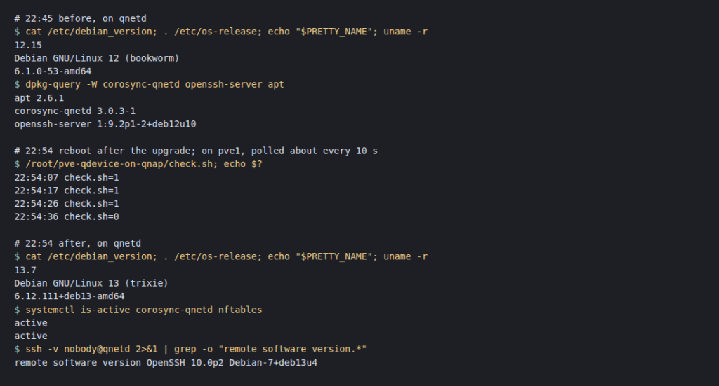 QDevice VM 升級前後，與重開機時 pve1 的 check.sh