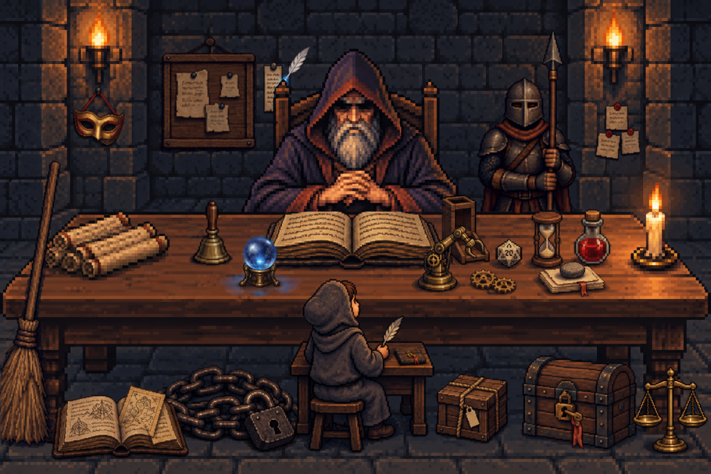 pixel art:地城領主坐在長桌後,桌上有紙卷、小銅鈴、水晶球、攤開的書、骰塔、二十面骰、黃銅機械手臂和齒輪、沙漏、藥水、一疊被圓石壓平的紙、蠟燭,桌子左邊靠著掃帚,右後方站著拿長矛的守衛,牆上有記事板和自己寫字的羽毛筆,左邊柱子掛著金色面具,右邊柱子貼著三張紅蠟便條紙,地上有鐵鏈和上鎖的寶箱,桌前坐著學徒,學徒的小書桌上有一本扣著銅鎖的薄冊子,學徒和寶箱之間有一個綁著麻繩的木箱,左下角有一本攤開的厚手冊,右下角的地上多了一座黃銅天秤