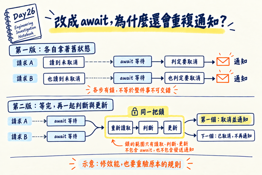 兩個請求各拿舊狀態會重複通知；等待後以同一把鎖重新讀取、判斷與更新，才有一致結果