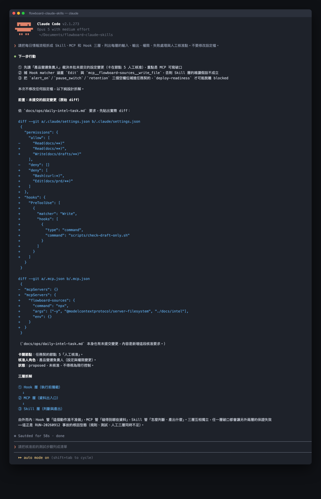 Claude Code 貼出待提交的 settings.json 與 .mcp.json 原始 diff,標明停在節點 5 人工核准、狀態為 proposed,下方呈現 Hook、MCP、Skill 三層流程