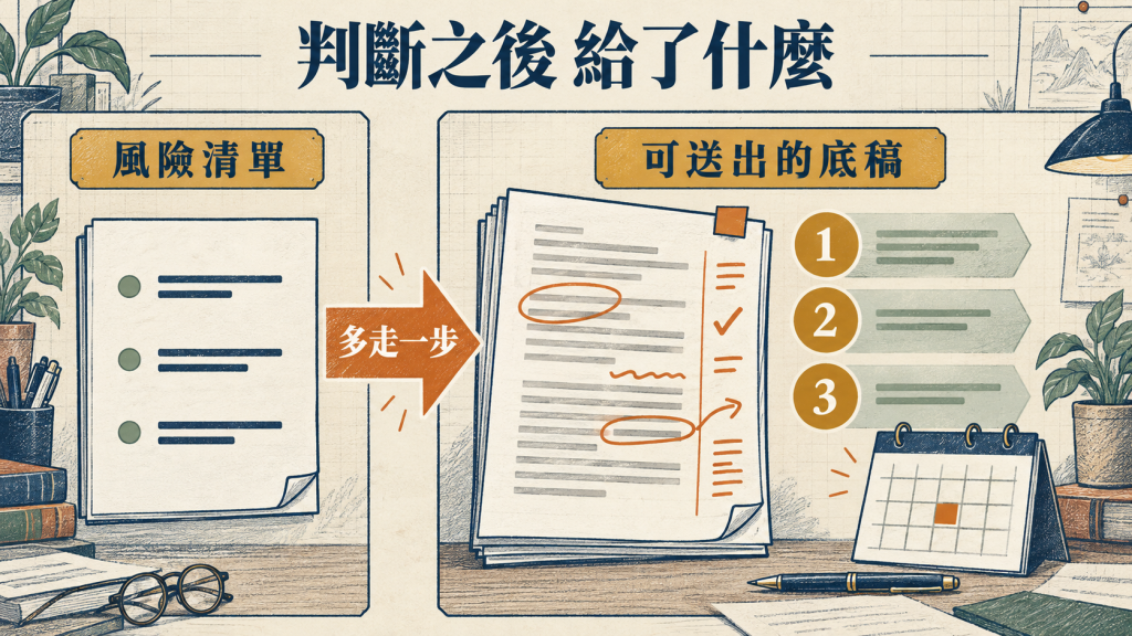 判斷之後給了什麼:風險清單多走一步,變成附條文草稿與時間表的可送出底稿