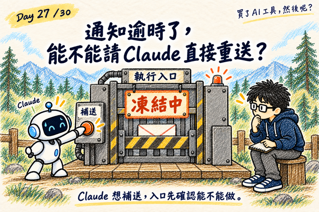Claude 按下補送按鈕，執行入口掛著「凍結中」，通知被擋在柵欄後面；工程師在一旁看：Claude 想補送，入口先確認能不能做