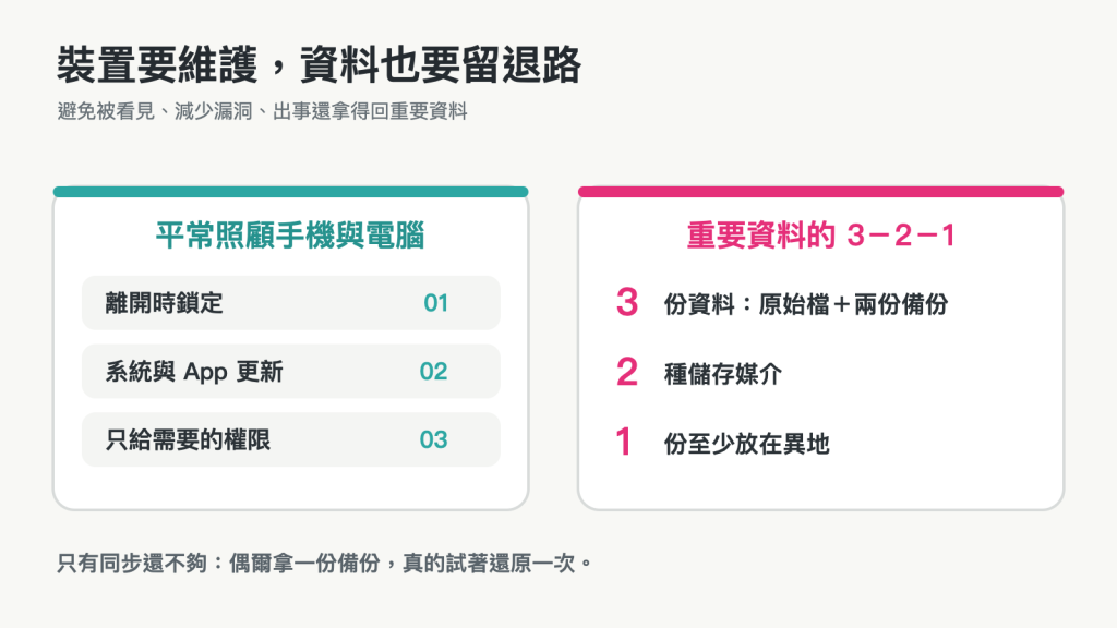 電腦與手機的安全習慣包含鎖定、更新、檢查 App 權限，重要資料另依 3-2-1 原則備份並測試還原