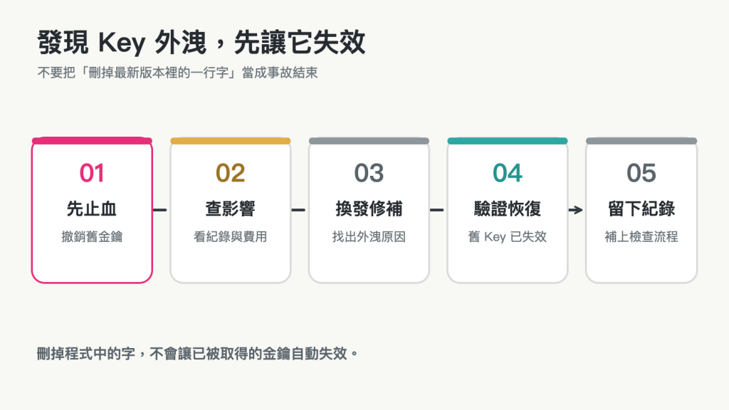 API Key 外洩時先撤銷憑證，再查影響、換發並修補、驗證恢復，最後留下事故紀錄