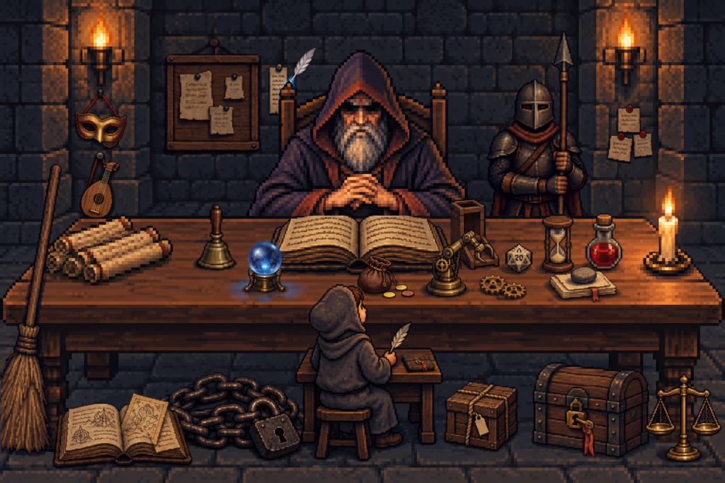 pixel art:地城領主坐在長桌後,桌上有紙卷、小銅鈴、水晶球、攤開的書、骰塔、二十面骰、黃銅機械手臂和齒輪、沙漏、藥水、一疊被圓石壓平的紙、蠟燭,桌子左邊靠著掃帚,右後方站著拿長矛的守衛,牆上有記事板和自己寫字的羽毛筆,左邊柱子掛著金色面具,右邊柱子貼著三張紅蠟便條紙,地上有鐵鏈和上鎖的寶箱,桌前坐著學徒,學徒的小書桌上有一本扣著銅鎖的薄冊子,學徒和寶箱之間有一個綁著麻繩的木箱,左下角有一本攤開的厚手冊,右下角有一座黃銅天秤,左邊柱子旁靠著一把魯特琴,桌上多了一個鼓鼓的錢袋