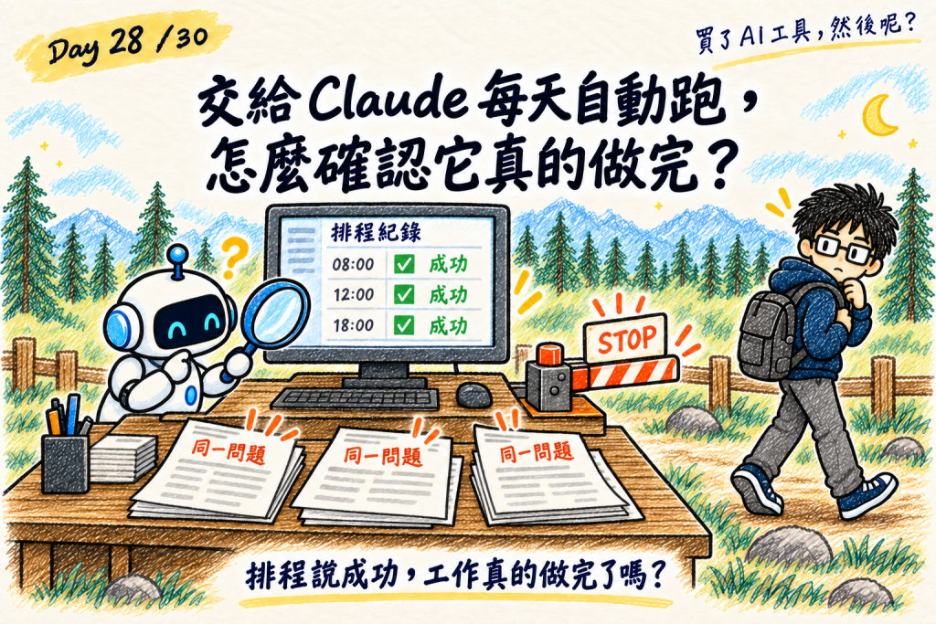 Day 28 封面:排程顯示成功,桌上卻出現同一問題的重複工作單,Claude 核對實際成果
