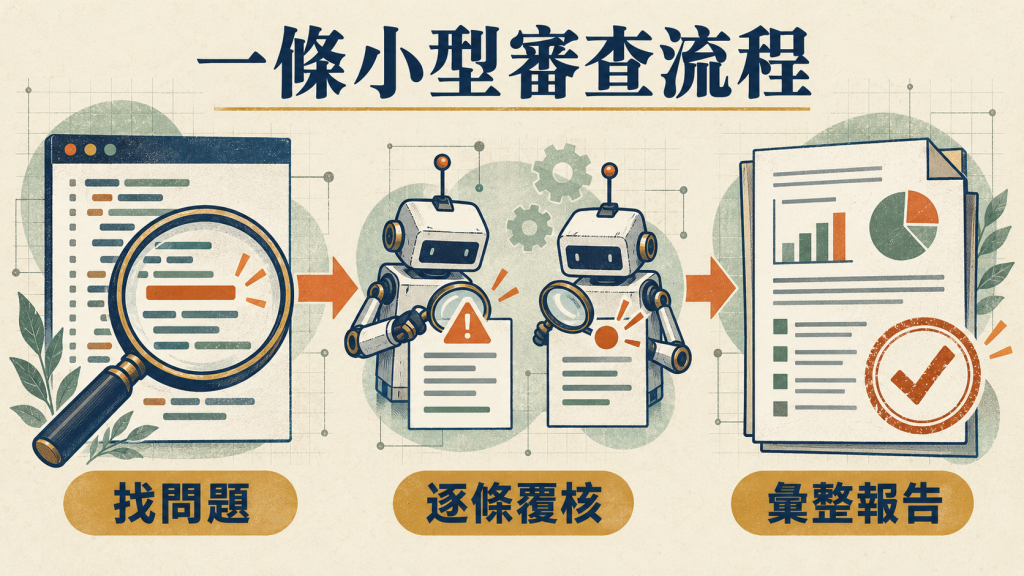 一條小型審查流程：找問題、逐條覆核、彙整報告
