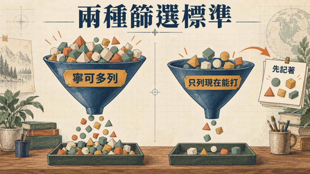 兩種篩選標準：寧可多列與只列現在能打，篩掉的先記著