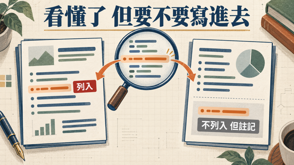 看懂了但要不要寫進去：同一條線索，一邊列入，一邊不列入但註記