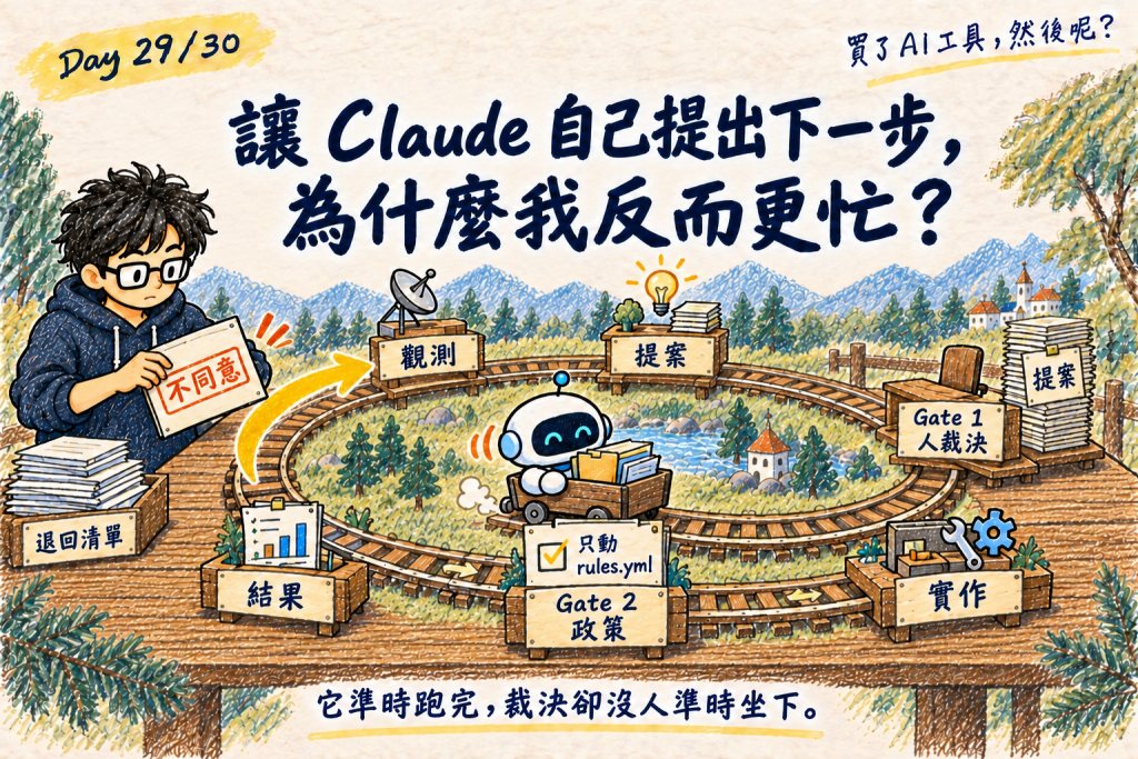 Day 29 封面：環形迴圈依序是觀測、提案、Gate 1 人裁決、實作、Gate 2 政策、結果；機器人沿單一路徑運送提案，Gate 1 的椅子空著、提案堆在前面；Gate 2 核對「只動 rules.yml、重播漏報為 0」；底部寫著「提案持續進來，裁決卻還在等人。」；被退回的「不同意」沿回饋箭頭回到下一輪觀測