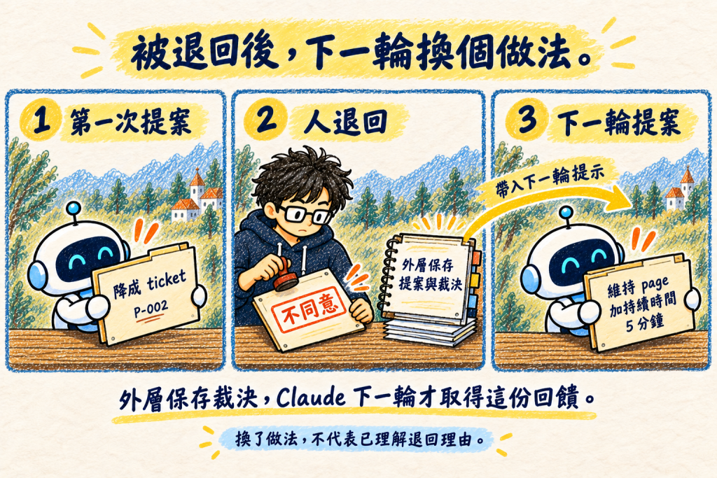 退回後換做法：Claude 第一次提案將告警降成 ticket，人退回「不同意」；外層保存提案與裁決並帶入下一輪提示，Claude 改提維持 page、加持續時間 5 分鐘。