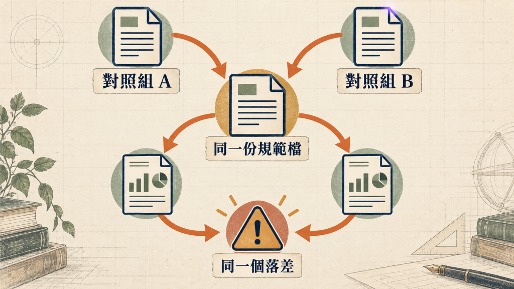 兩份產出各自翻出同一份參考文件,指出同一個落差