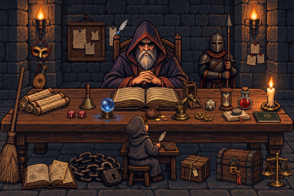 pixel art:地城領主坐在長桌後,桌上有紙卷、小銅鈴、水晶球、攤開的書、骰塔、二十面骰、黃銅機械手臂和齒輪、沙漏、藥水、一疊被圓石壓平的紙、蠟燭,桌子左邊靠著掃帚,右後方站著拿長矛的守衛,牆上有記事板和自己寫字的羽毛筆,左邊柱子掛著金色面具,右邊柱子貼著三張紅蠟便條紙,地上有鐵鏈和上鎖的寶箱,桌前坐著學徒,學徒的小書桌上有一本扣著銅鎖的薄冊子,學徒和寶箱之間有一個綁著麻繩的木箱,左下角有一本攤開的厚手冊,右下角有一座黃銅天秤,左邊柱子旁靠著一把魯特琴,桌上有一個鼓鼓的錢袋,桌子左前方有一對紅色六面骰,學徒的背包旁多了一本深綠布面、金邊、封面燙著金色二十面骰的薄書