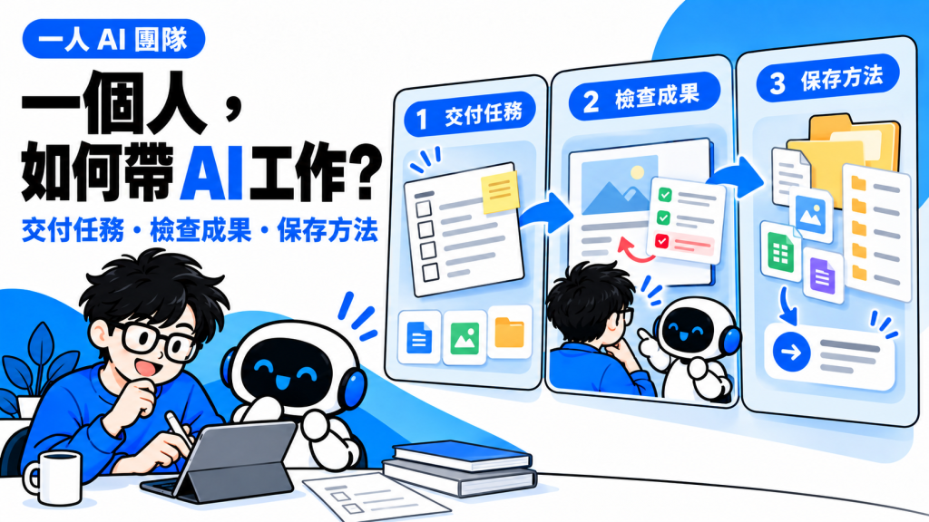 一人 AI 團隊概念封面,呈現任務委派、成果檢查與方法保存