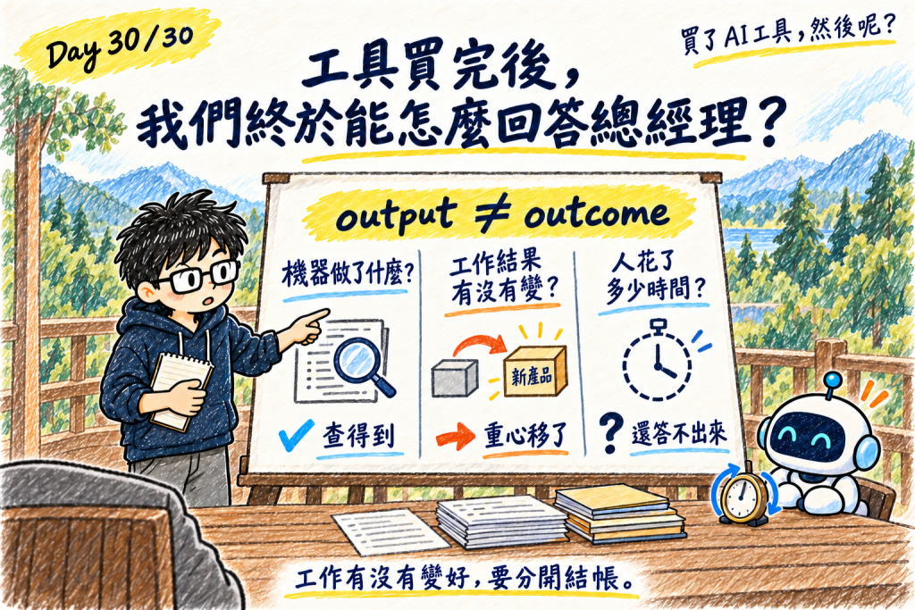 Day 30 封面：白板寫著 output ≠ outcome，分三欄結帳：機器做了什麼「查得到」、工作結果有沒有變「重心移了」、人花了多少時間「還答不出來」
