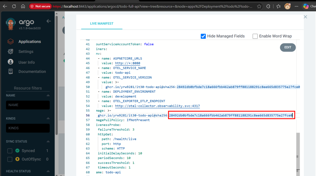 合併後 Deployment 的 image 與 OTEL_SERVICE_VERSION 改為以 28492db0 開頭的 digest