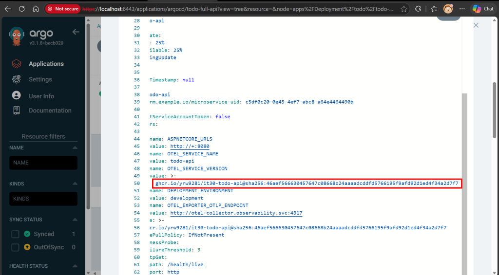 合併前 Deployment 的 image 與 OTEL_SERVICE_VERSION 都使用以 46aef566 開頭的 digest