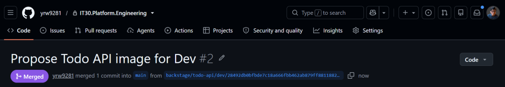 GitHub 顯示 Todo API 的設定 PR 已合併到 main