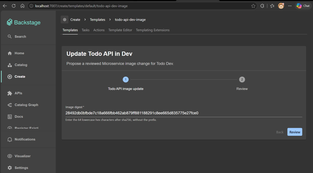 Backstage 的 Update Todo API in Dev 表單填入新的 64 位 image digest