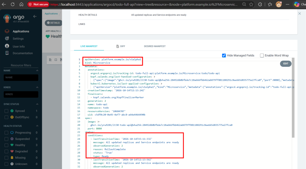 Microservice 的 generation 為 2，Ready condition 為 True 且 observedGeneration 同為 2
